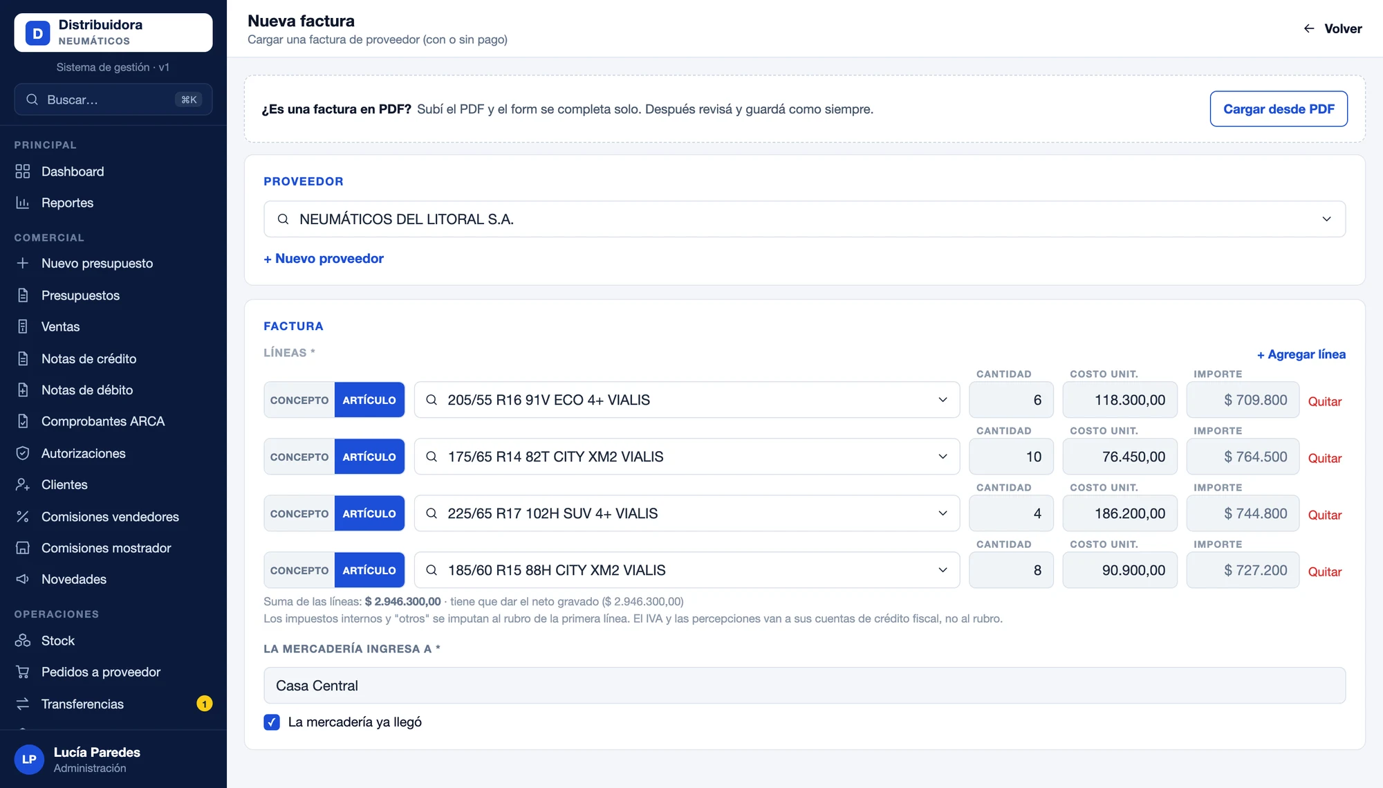 Factura de proveedor cargada desde el PDF en el sistema de Bestani: artículos, costos y sucursal completados solos