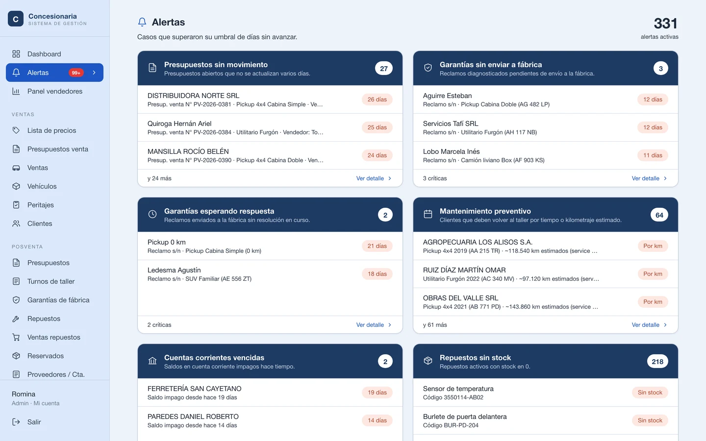 Alertas del sistema de Blue Motors