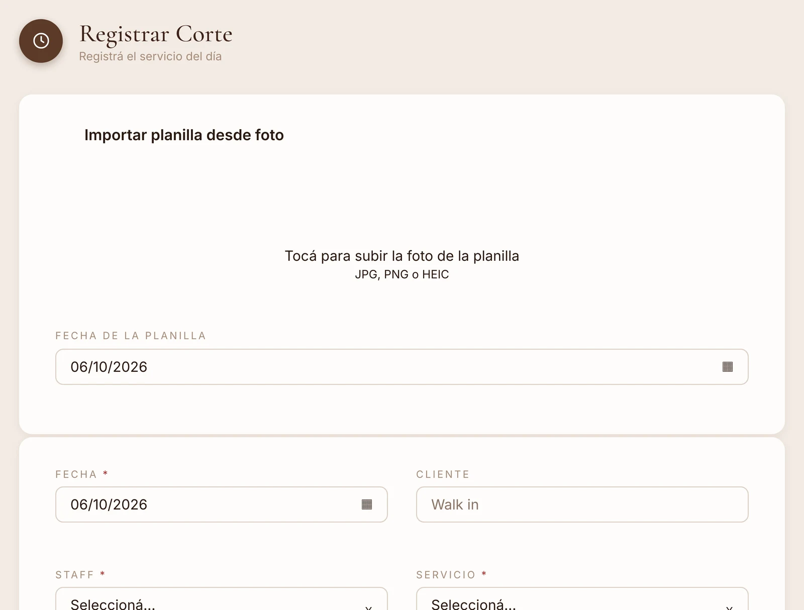 Registrar corte en el sistema de Maru Nails: importar la planilla desde una foto y el formulario del servicio