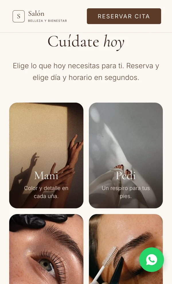 Web de Maru Nails con los servicios del salón en tarjetas con foto
